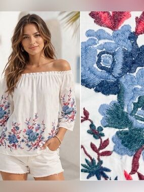 Drew Off the Shoulder Floral Pink and Blue Embroidered Top Ivory White S